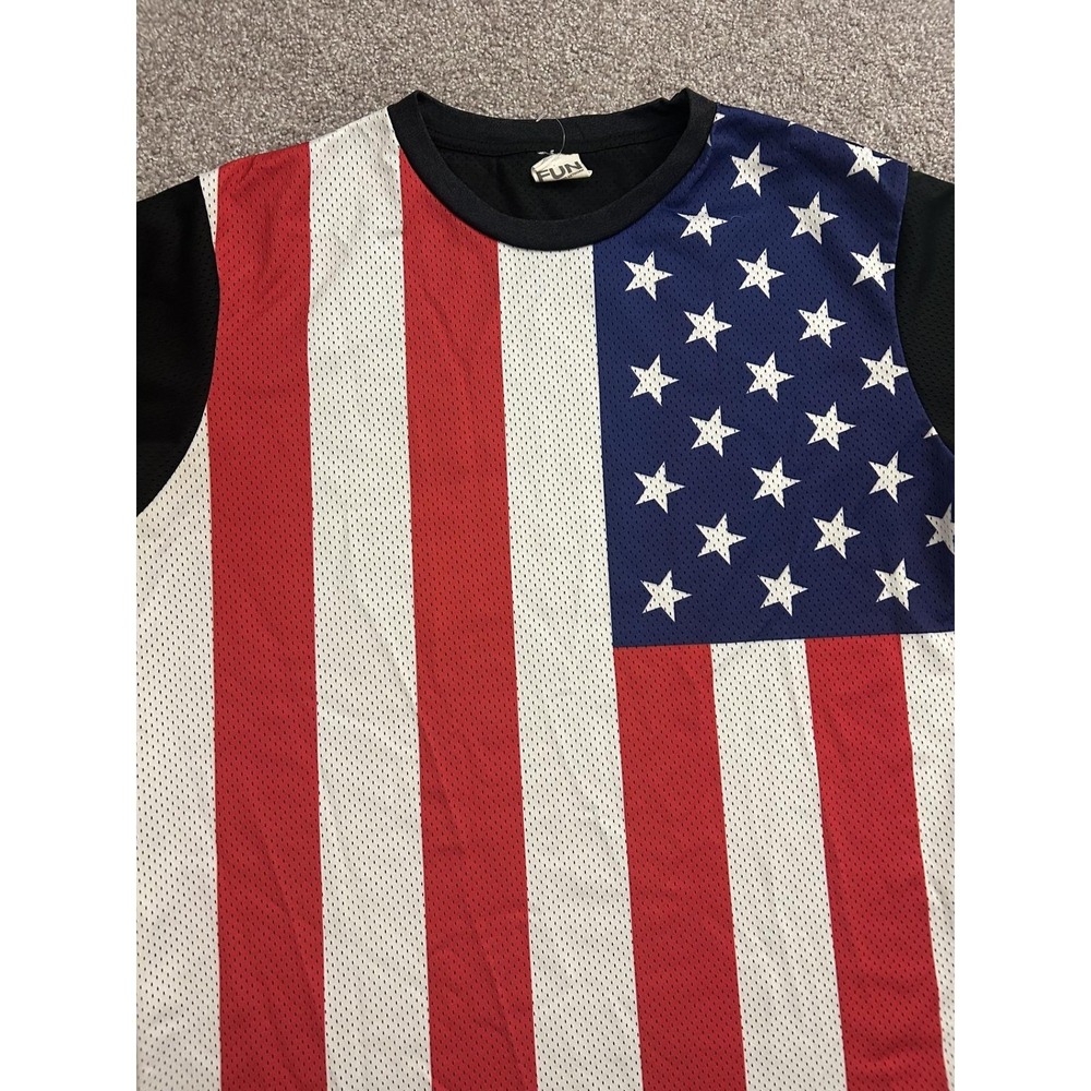 Vintage USA American Flag Mesh Jersey Mens Medium Red White Blue Patriotic Shirt